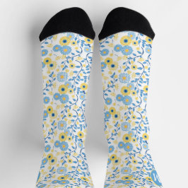 Cornflower Blue Yellow Floral Patterns Monogramm Socken
