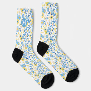 Cornflower Blue Yellow Floral Patterns Monogramm Socken