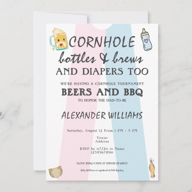 Cornhole Bottles Brews & Diapers GRILLEN Baby Show Einladung (Vorderseite)