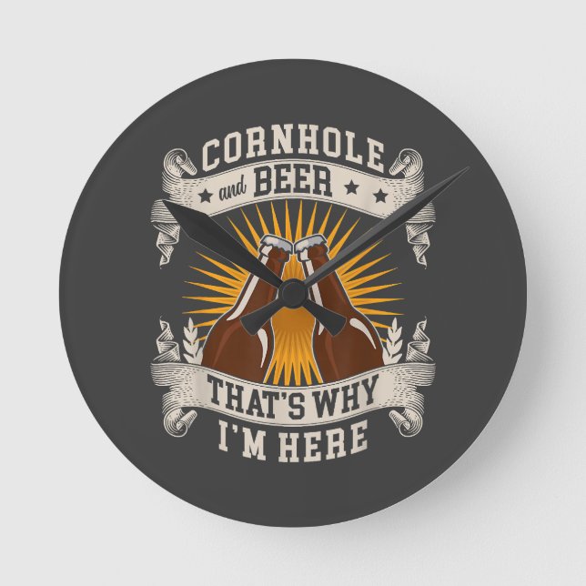 Cornhole und Bier deshalb bin ich hier Cornhole Runde Wanduhr (Vorderseite)