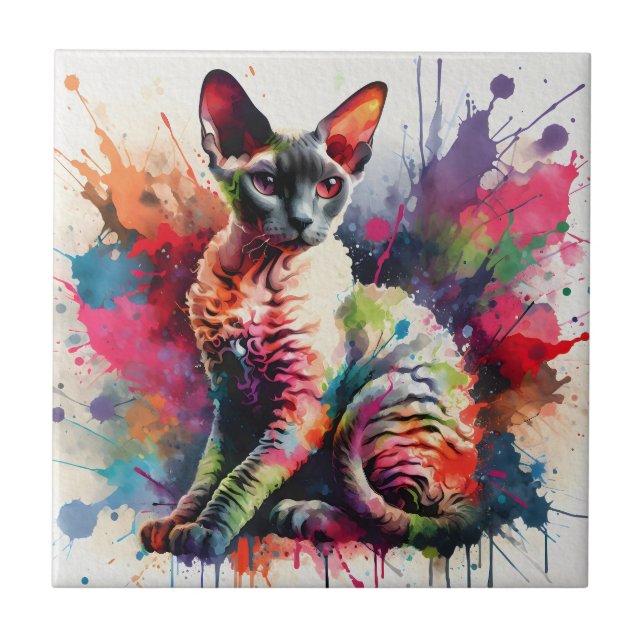 Cornish Rex Cat Farbiges Portrait Fliese (Vorderseite)