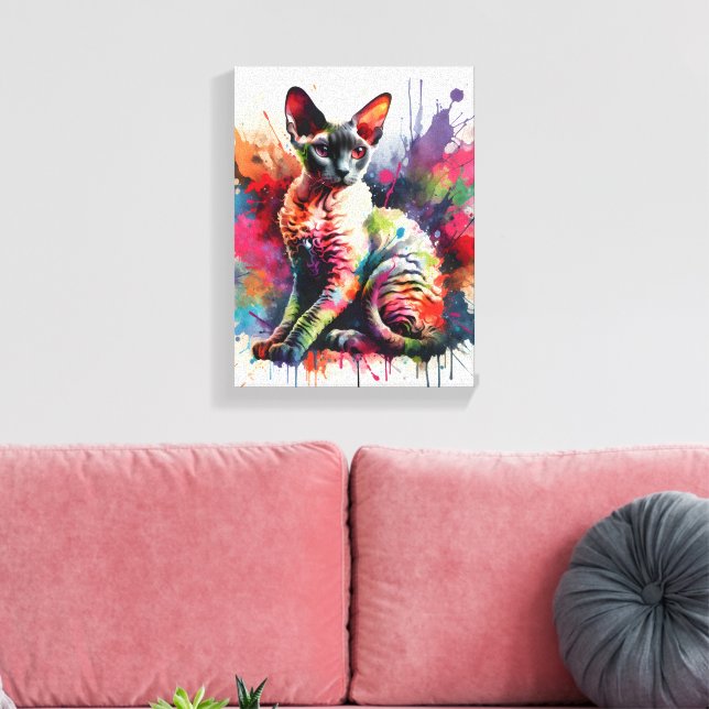Cornish Rex Cat Farbiges Portrait Leinwanddruck (Insitu (Wohnzimmer))