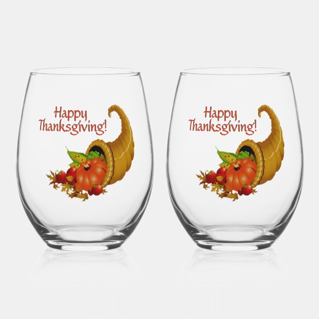 Cornucopia Happy Thanksgiving Weinglas Ohne Stiel (Vorderseite)