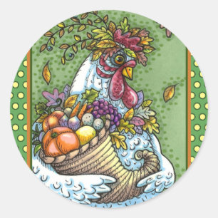CORNUCOPIA HEN, ERNTEDANK CHICKEN FALL HARVEST RUNDER AUFKLEBER