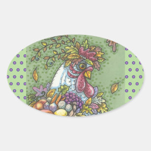 CORNUCOPIA HEN, ERNTEDANK CHICKEN STICKERS Oval