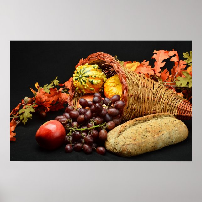 Cornucopia mit Früchten und Brot Poster (Vorne)