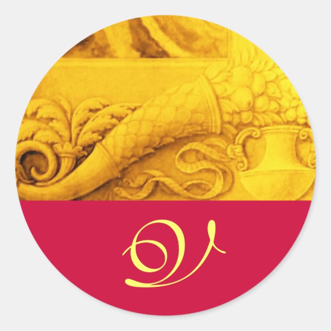 CORNUCOPIA MONOGRAM , hellgoldgelbe Fuchsie Runder Aufkleber (Vorderseite)