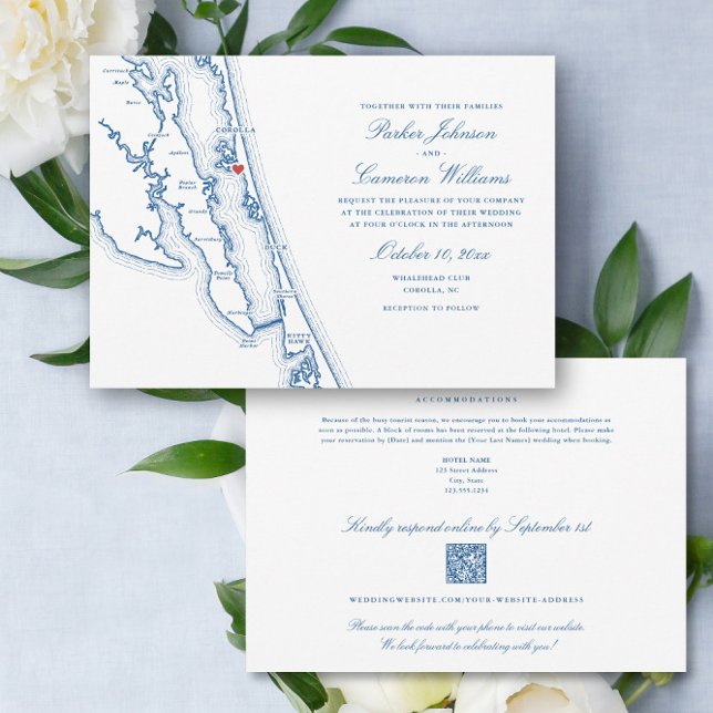 Corolla NC All-in-One QR-Code-RSVP Blaue Hochzeit Einladung (Corolla NC Map all in one QR code RSVP wedding invitation in elegant navy blue by Coastal Map Design)