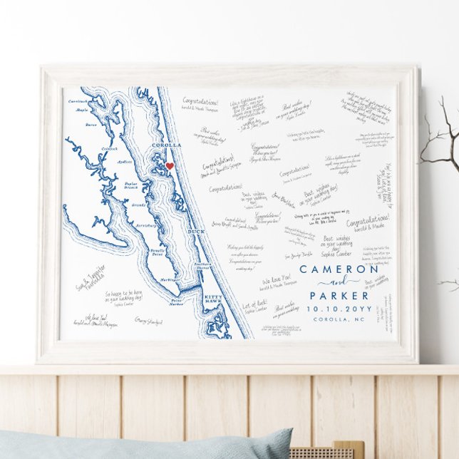 Corolla NC Hochzeit Modernes Gästebuch Poster (Corolla NC Map Modern Wedding Guest Book Poster with Navy Blue OBX Map by Coastal Map Designs)