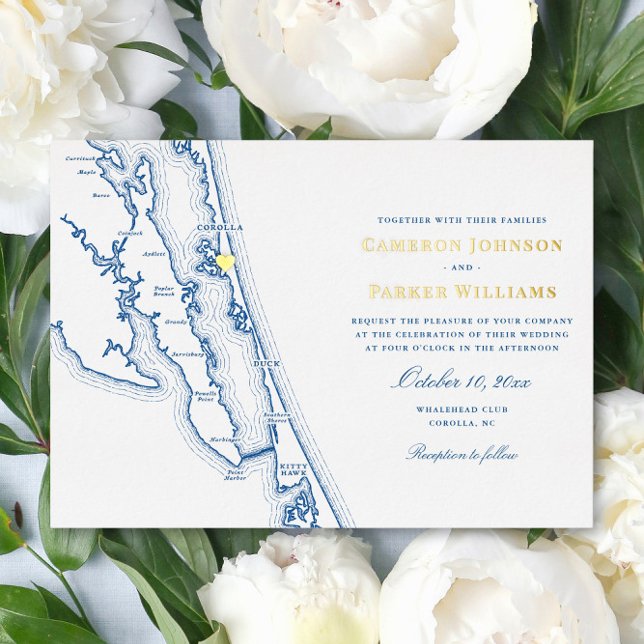 Corolla NC Map OBX Wedding Navy and Gold  Folieneinladung (Corolla NC Map Wedding invitation with Elegant Gold Foil navy blue Outer Banks Coastal Map Designs)