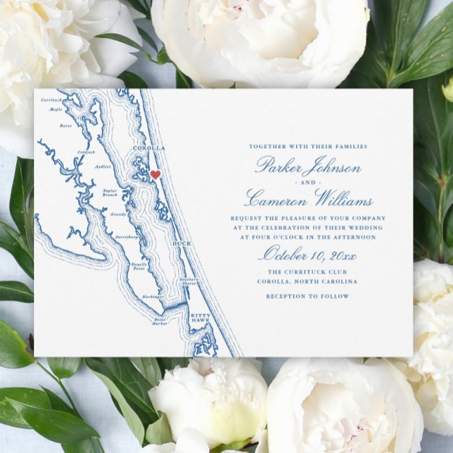 Corolla NC OBX Map Elegant Navy Blue Wedding Einladung (Corolla NC Map Outer Banks Wedding Invitation in Elegant Navy Blue by Coastal Map Designs)