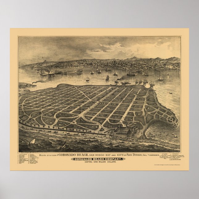 Coronado Beach, CA Panoramic Map - 1880s Poster (Vorne)