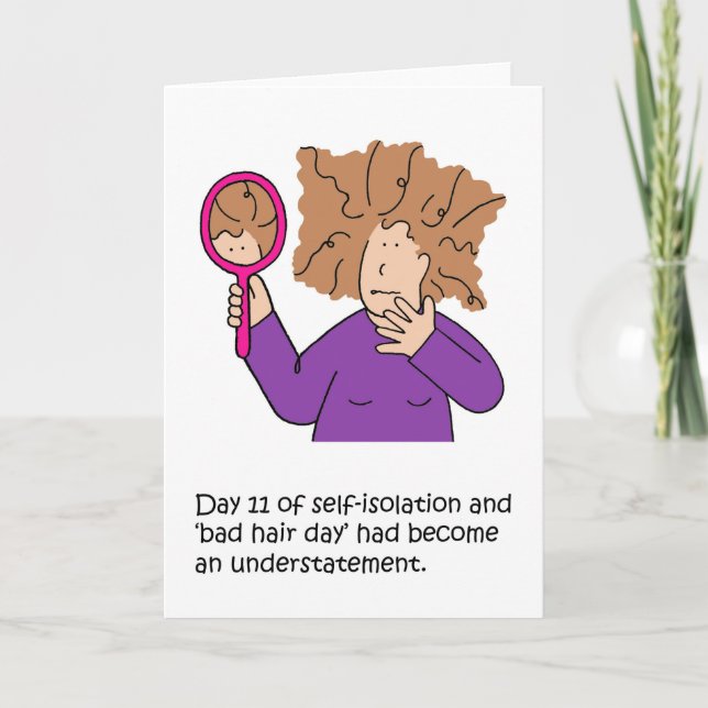 Coronavirus Selbstisolation Bad Hair Day Cartoon Karte (Vorderseite)
