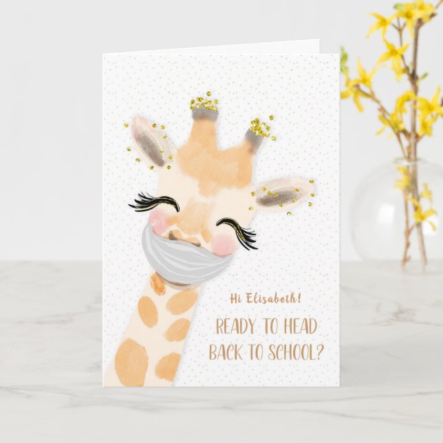 Coronavirus Zurück zur Schule Giraffe w/Mask Karte (Gelbe Blume)