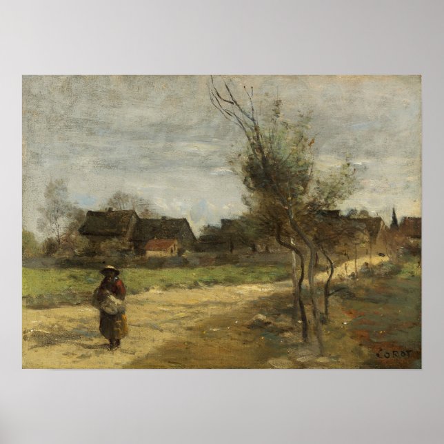 Corot - Bauernfrau auf einer Straße mit Aussicht Poster (Vorne)