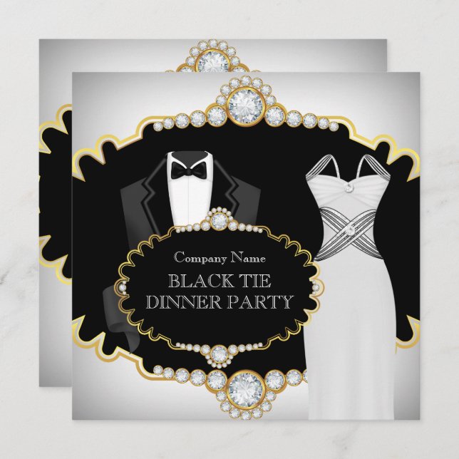Corporate Black Krawatte Dinner Party White Gold Einladung (Vorne/Hinten)