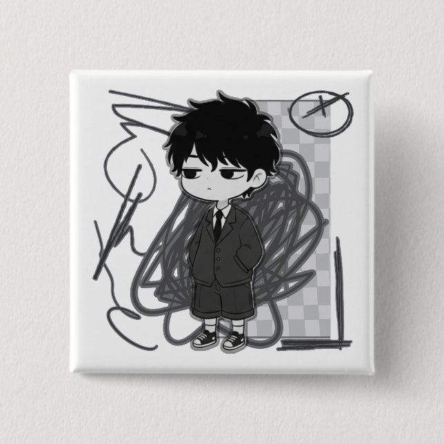 Corporate Burnout Nachvollziehbarer Chibi-Junge im Button (Vorderseite)