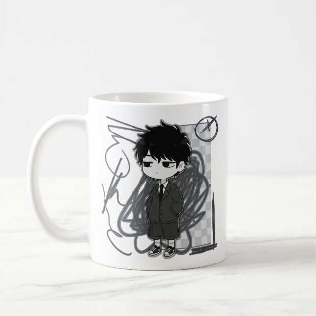 Corporate Burnout Relatable Chibi-Boy-Anzug-Illust Kaffeetasse (Links)