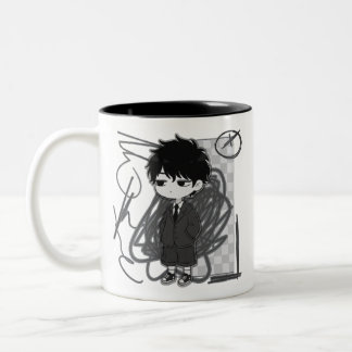 Corporate Burnout Relatable Chibi-Boy-Anzug-Illust Zweifarbige Tasse