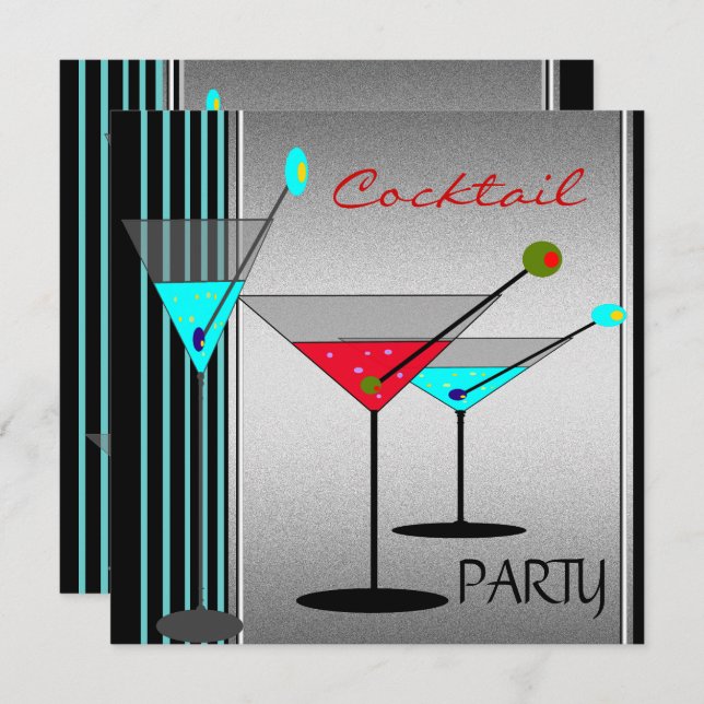 Corporate Cocktail Party Drinks Martini Blau Rot Einladung (Vorne/Hinten)