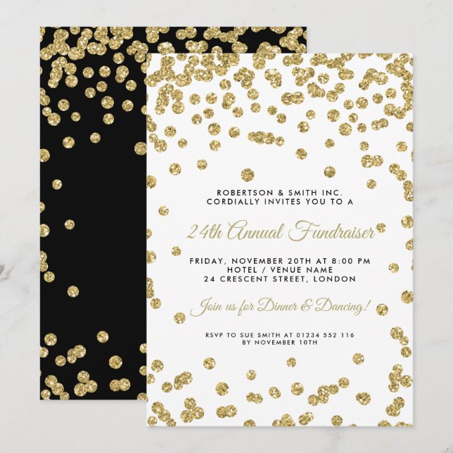 Corporate Fundraiser Dinner Gold Confetti Black Einladung (Vorne/Hinten)