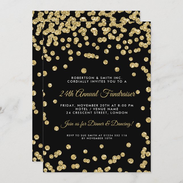 Corporate Fundraiser Dinner Gold Confetti Black Einladung (Vorne/Hinten)