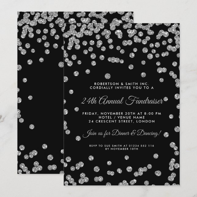 Corporate Fundraiser Dinner Silver Confetti Black Einladung (Vorne/Hinten)