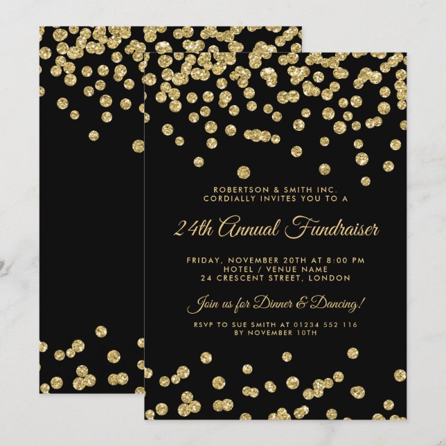 Corporate Fundraiser Gold Glitter Confetti Black Einladung (Vorne/Hinten)
