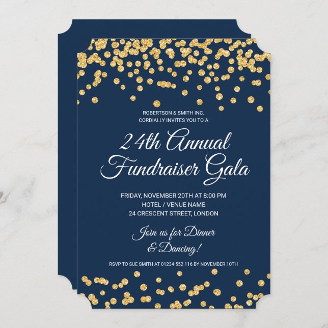 Corporate Fundraiser Gold Glitzer Confetti Navy Einladung (Vorne/Hinten)