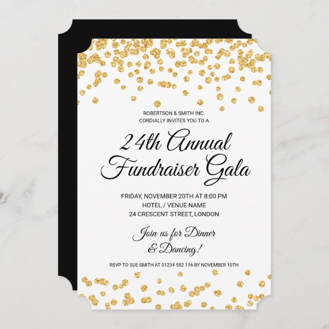 Corporate Fundraiser Party Gold Glitzer Confetti Einladung (Vorne/Hinten)