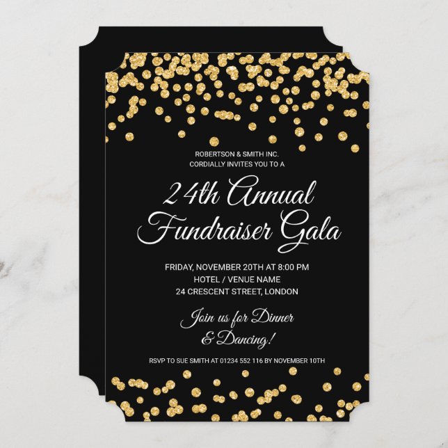 Corporate Fundraiser Party Gold Glitzer Confetti Einladung (Vorne/Hinten)