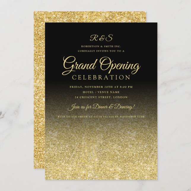 Corporate Grand Opening Gold Glam Glitzer Black Einladung (Vorne/Hinten)