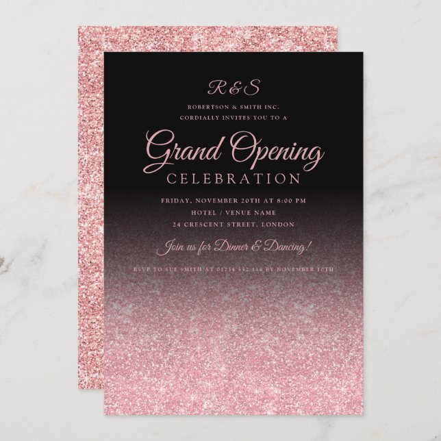 Corporate Grand Opening Rose Gold Glitzer Black  Einladung (Vorne/Hinten)