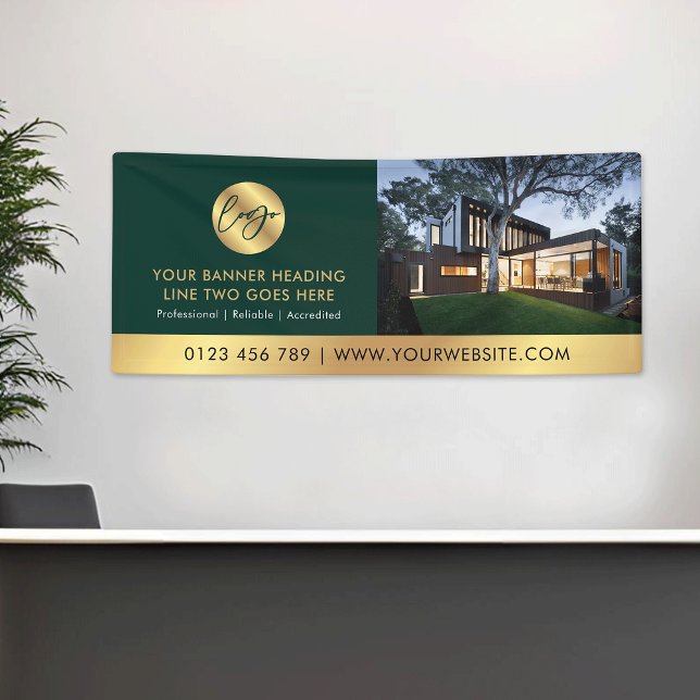 Corporate Green & Gold Logos Werbung Business Foto Banner (Elegant business green & gold logo promotional photo banner *mockup background photo is Ai generated)