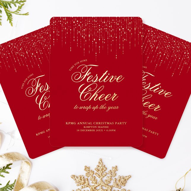 Corporate Holiday Party Festivals Cheer Red Gold Folieneinladung (Von Creator hochgeladen)