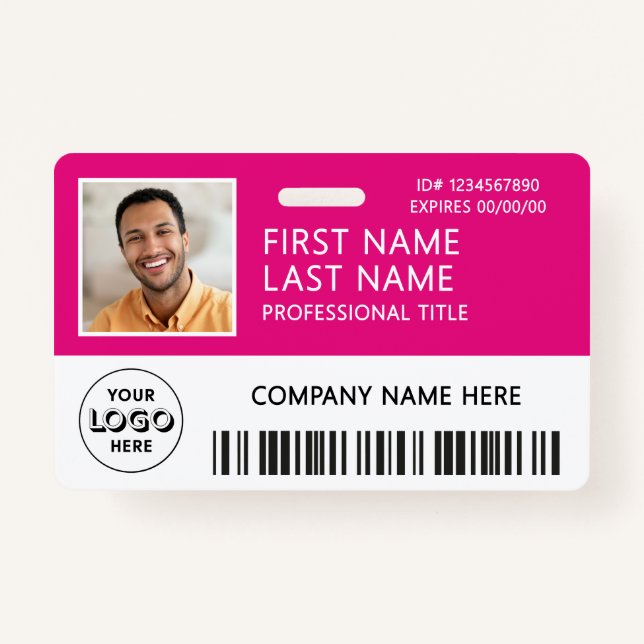 Corporate Logo Photo ID Barcode Hot Pink Name Ausweis (Vorderseite)