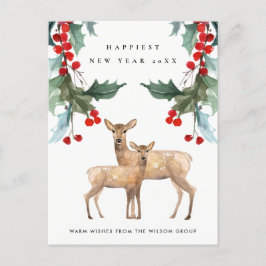 CORPORATE RED GREEN HOLLY BERRY DEER DUO NEUJAHR FEIERTAGSPOSTKARTE