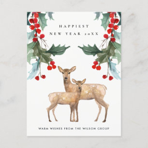 CORPORATE RED GREEN HOLLY BERRY DEER DUO NEUJAHR FEIERTAGSPOSTKARTE