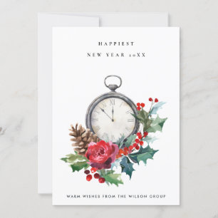 CORPORATE VINTAG RED HOLLY BERRY NEW YEAR CLOCK FEIERTAGSKARTE