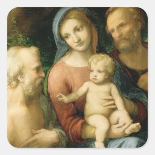 Correggio- die heilige Familie mit Heiligem Jerome Quadratischer Aufkleber