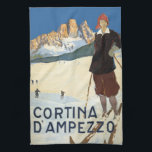 Cortina d'Ampezzo, Italien, Vintage Travel Ski Alp Geschirrtuch<br><div class="desc">Vintages Beispiel für ein europäisches Reiseplakat aus Cortina d'Ampezzo,  Italien,  mit einer weiblichen Skifahrerin in einem Skigebiet in den italienischen Alpen.</div>