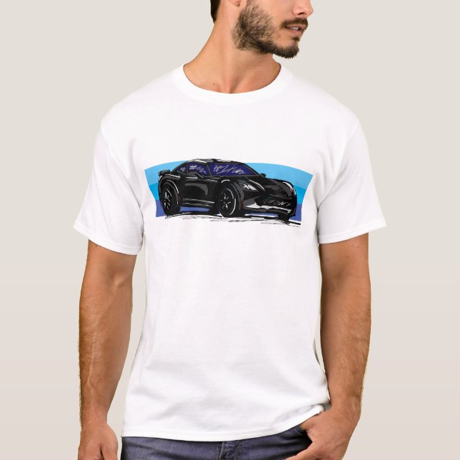 Corvette C7 Black Sportscar mit blauem Streifen T-Shirt (Vorderseite)