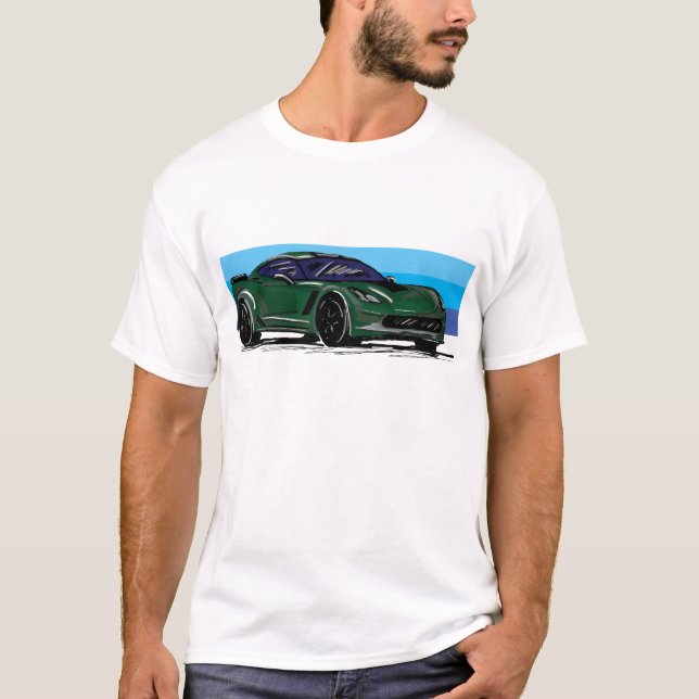 Corvette C7 Green Sportscar mit blauem Streifen T-Shirt (Vorderseite)