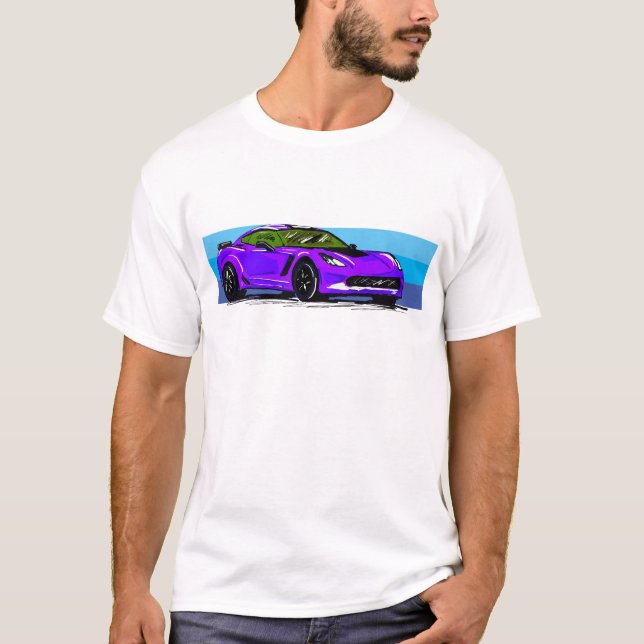 Corvette C7 Lila Sportscar mit blauem Streifen T-Shirt (Vorderseite)