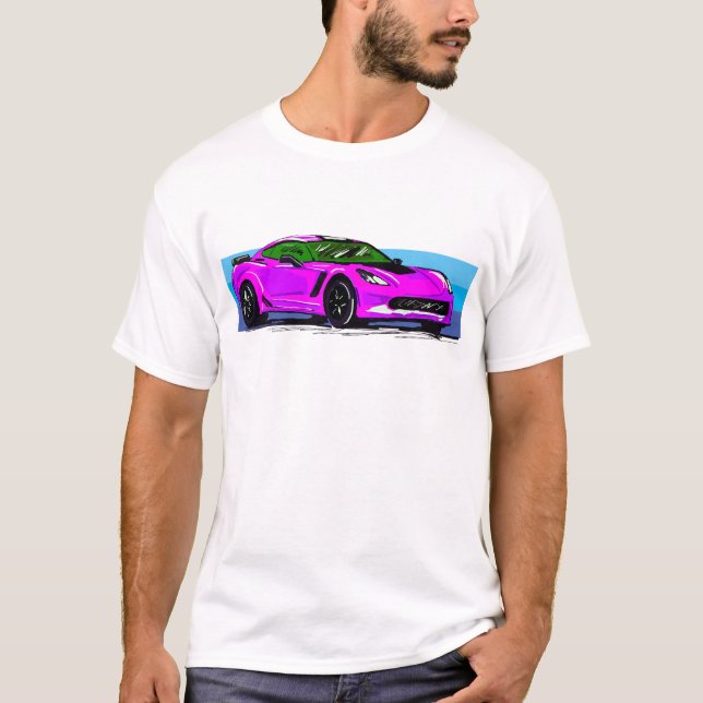 Corvette C7 Pink Sportscar mit blauem Streifen T-Shirt (Vorderseite)