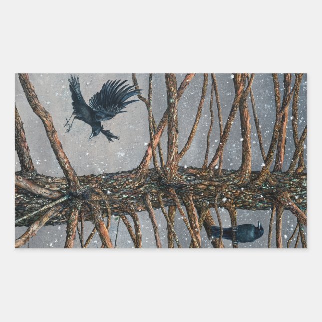 Corvus Corvidae und die Zeder Rechteckiger Aufkleber (Vorderseite)