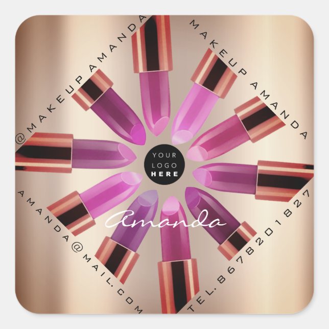 Cosmetic Makeup Artist Pink Lipstick Rose Gold Quadratischer Aufkleber (Vorderseite)
