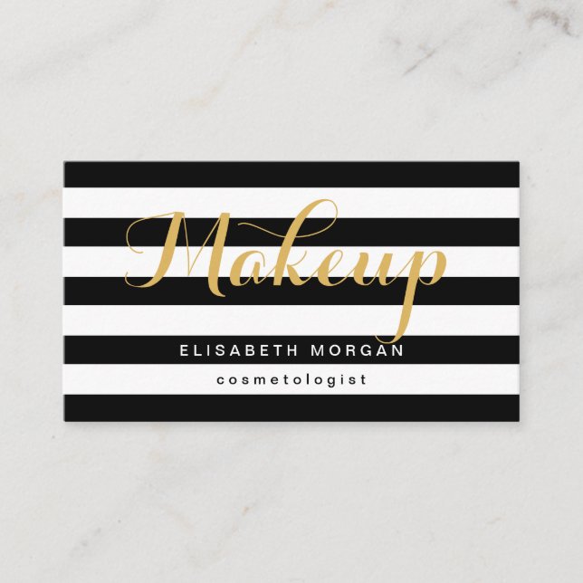 Cosmetologin Gold Calligraphy Schwarz-weiß Stripes Visitenkarte (Vorderseite)