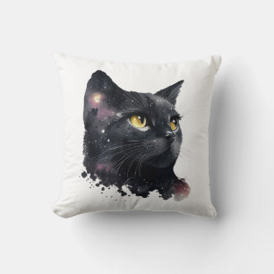 Cosmic Black Cat Watercolor Starry Night Felge Kissen