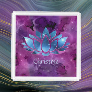 Cosmic Blue Galaxy Lotus Blume mit Name Acryl Tablett